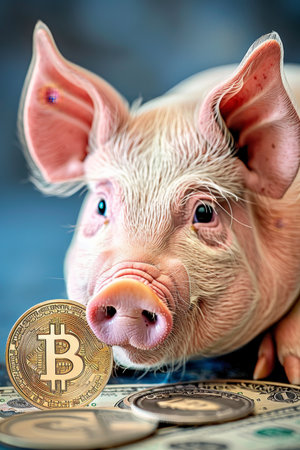 Cute happy smiling pink piggy with shiny gold bitcoin coin on vibrant blue vertical background, wealth and financial success conceptの素材