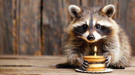 Adorable raccoon happily celebrates birthday with a delicious cake on rustic wood background, animal holiday concept, banner, copy spaceの素材