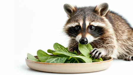 Adorable raccoon happily munching on healthy green cabbage leaves in a plate on a white background, food concept, banner, copy space for textの素材