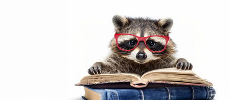 Cute raccoon with red glasses reading book on white background, education concept, banner, copy space for textの素材
