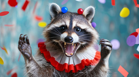 Cheerful raccoon dressed as a clown dancing joyfully under a vibrant confetti shower, animal party holiday concept, banner, copy spaceの素材