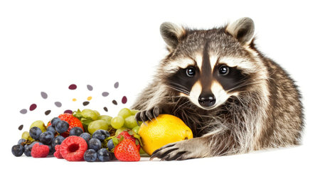 Playful raccoon poses with an array of vibrant fruits against a clean white backdrop, banner, copy space for textの素材