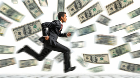 Businessman in suit races against time with flying banknotes on white background, time is money, work-life balance, financial concept, bannerの素材