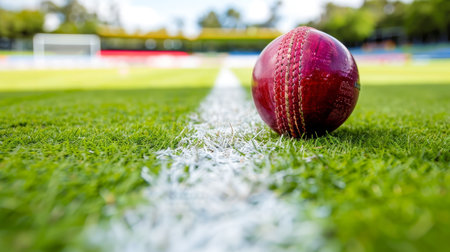 Close-up of cricket ball on green grass - sports equipment macro shot for stock photography, banner, copy spaceの素材