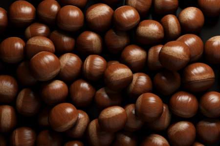 Close-up of sweet ripe husked chestnuts in a flat lay, ideal background for fall or autumn concepts, organic foodの素材