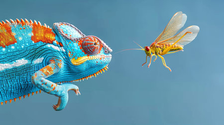 Close up high quality photo of chameleon and grasshopper near the chameleon s extended tongueの素材