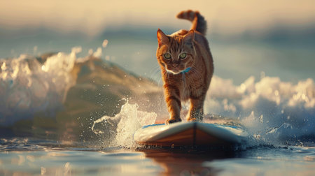 Vibrant image of red cat standing on surfboard on ocean wave captured in close up viewの素材