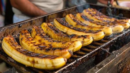 Close-up of man grilling ripe bananas on a barbecue grill with soft illumination, healthy eating concept, bannerの素材