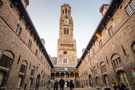 Brugge, Belgium; January 23th 2020: Market square towerのeditorial素材