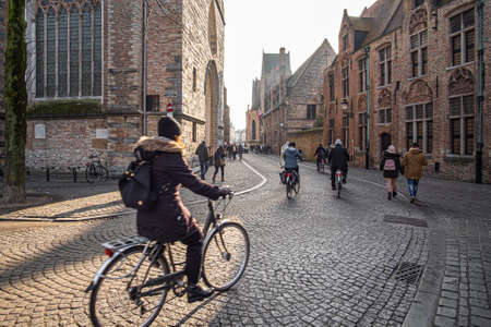 Brugge, Belgium; January 26th 2020: People riding bicyclesのeditorial素材
