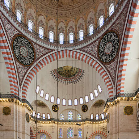 Istanbul, Turkey; May 27th 2013: Interior view of the vaulted ceiling in Suleymaniye Mosque.のeditorial素材