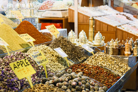 Istanbul, Turkey; May 27th 2013: Varieties of tea in the spice market.のeditorial素材