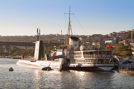 Istanbul, Turkey; May 26th 2013: Submarine and ship docked at the transport museum.のeditorial素材
