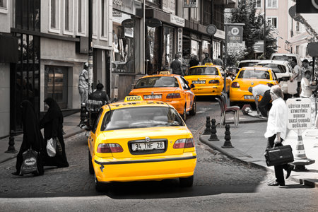 Istanbul, Turkey; May 27th 2013: Row of taxis on a street in Istanbul.のeditorial素材