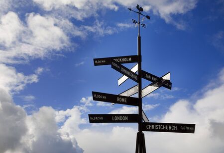 weather vane and world distance signsの写真素材