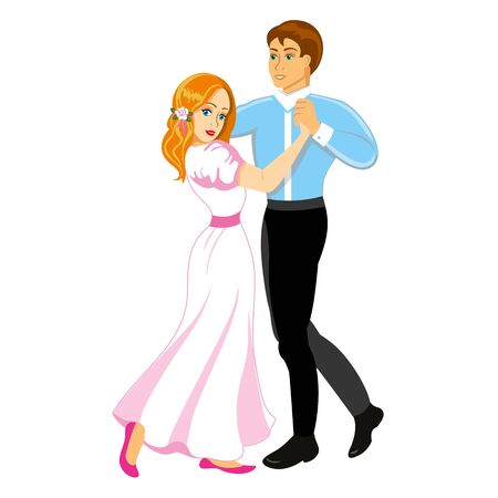 A bride and a bridegroom holding hands and dancing on their wedding day.のイラスト素材