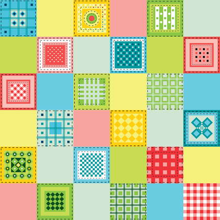 Bright seamless pattern in patchwork style. Vector. Pattern for design greetings card, textile, scrapbookのイラスト素材