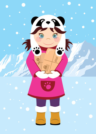 Sweet girl with gifts, sending the mountains in the background. Cartoon girl in a hat with a panda print. The festive mood, Christmasのイラスト素材