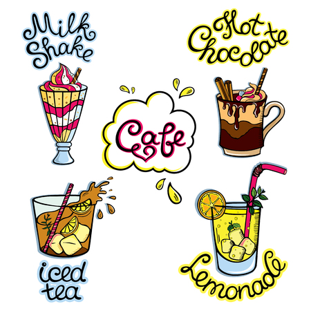 Set of cartoon food: non-alcoholic beverages - iced tea, herbal tea, hot chocolate, milk shake, lemonade and so. illustration, isolated on white.のイラスト素材