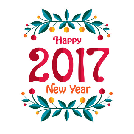 Happy New Year 2017 retro background. Colorful, retro wreath, flat paper typeface and wreath on white background. Greeting card. Vector illustration.のイラスト素材