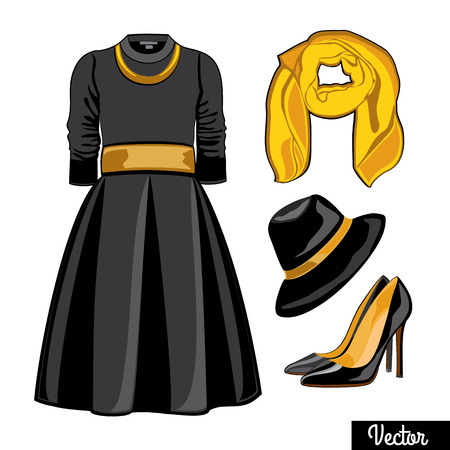 Illustration stylish and trendy Black flared skirt, a silk scarf, stylish hat, high heels. Silhouette made in modern flat vector style.のイラスト素材