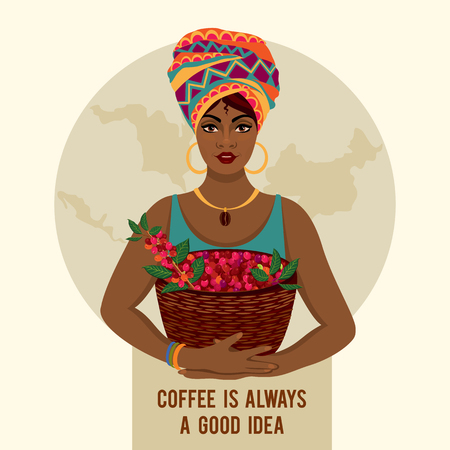 African woman is a coffee farmer with a basket of coffee berries on the farm. Woman in traditional African clothesのイラスト素材