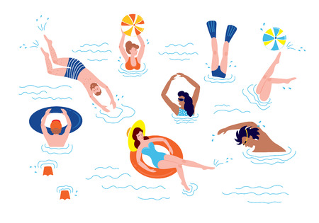 People swimming and rests in the sea. Vector summer illustration with swimmers.のイラスト素材