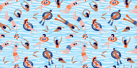 People swimming and rests in the sea. Vector summer illustration with swimmers.のイラスト素材