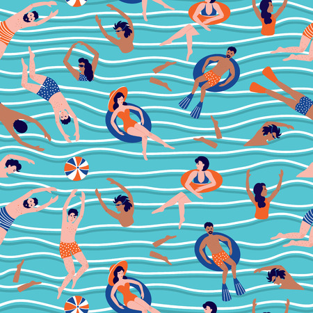 People swimming and rests in the sea. Vector summer illustration with swimmers.のイラスト素材