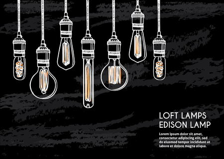 Poster, flyer with modern edison loft lamps, vintage, retro style light bulbs. Hand drawn vector set of different geometric loft lampsのイラスト素材