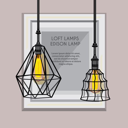 Poster with stylish, modern, geometric, designer chandeliers. Lamps Edison in the background of a frame for paintings or photos, there is a place for placing text. Loft, vintage lamps hanging freeのイラスト素材