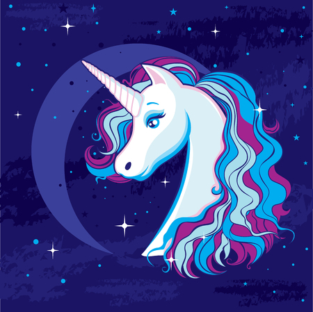 Romantic illustration with a unicorn on the background of the moon and the starry sky. Beautiful magic head unicorn with colored hairのイラスト素材