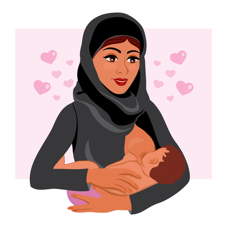 Arab mother and baby in cartoon styleのイラスト素材