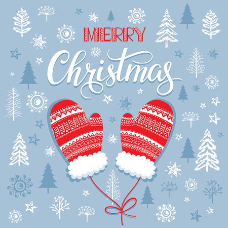 Vector Christmas greeting card with family polar bears in a cartoon style. Funny smiling bears on a winter walk. Background of a winter landscape. Merry Christmas congratulation with cute happy bearsのイラスト素材