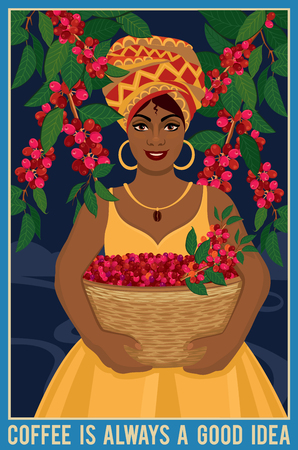 Design of a poster with african woman with a basket of arabica arabica coffee beans. Coffee farmer picking red coffee beans on coffee tree.のイラスト素材