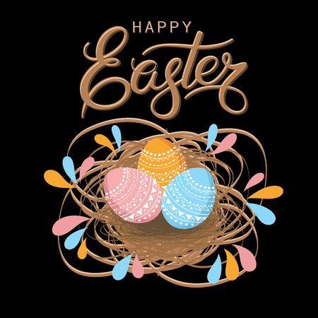 Vector Easter eggs in a wicker nest. Luxury lettering Happy Easter Hand drawn calligraphy on a black background. Element for design. Great for greeting card, poster, label, stickerのイラスト素材