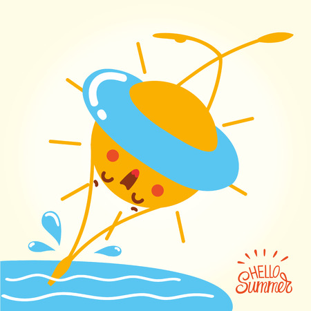 Happy Summer Sun Face is jumping in the water. Drawing cartoon Sun in Swim ring. Vector Illustration with a picture of the sun on vacationのイラスト素材