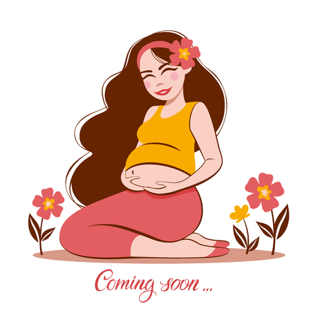 Vector illustration  of pregnant woman touching her big belly. Motherhood, pregnancy, people and expectation concept. Pregnant woman expecting babyのイラスト素材