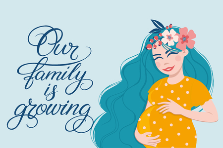 Vector illustration of pregnant woman touching her big belly. Hand drawn lettering "Our family is growing". Motherhood, pregnancy, people and expectation concept. Pregnant woman expecting babyのイラスト素材