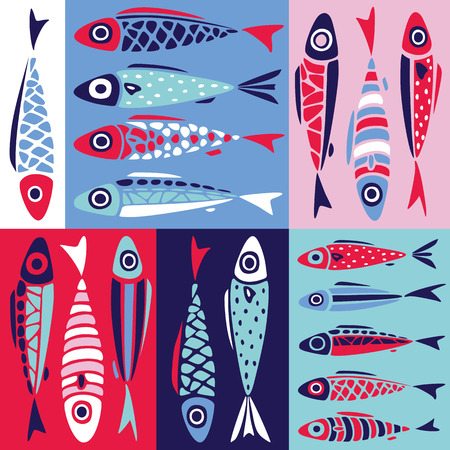 Fish pattern in simples style. Seamless sea vector with cute colorful decorative fishes. Abstract pattern in scandinavian styleのイラスト素材