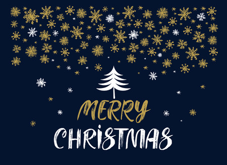 Winter congratulatory card with hand drawn lettering Merry Christmas. Dark background with falling snowflake. Vector illustrationのイラスト素材