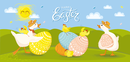 Happy Easter! Various eggs, chicken, butterfly, duck, goose, sun, tulips, flowers, basket, tulips, pot. Hand drawn colored vector set. Perfect for holiday decoration and spring greeting cardsのイラスト素材