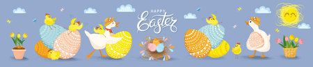 Set of Easter design elements. Eggs, chicken, butterfly, duck, goose, sun, tulips, flowers, basket,...