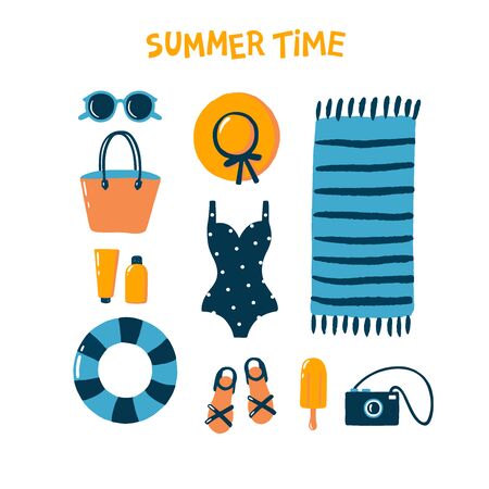 Hand drawn summer woman's outfit. Flat style vector. Perfect for web, card, poster, cover, tag, invitation, sticker kitのイラスト素材