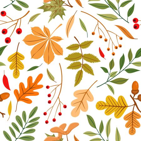 Vector seamless pattern of autumn leaves, branches and berries. Background for textile or book covers, manufacturing, wallpapers, print, gift wrap and scrapbookingのイラスト素材