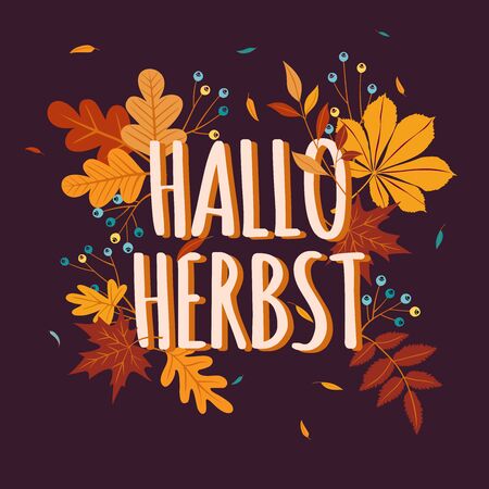 Hello Autumn background in German language with fall leaves. Nature autumnal vector concept. Orange and yellow leaf seasonal illustrationのイラスト素材
