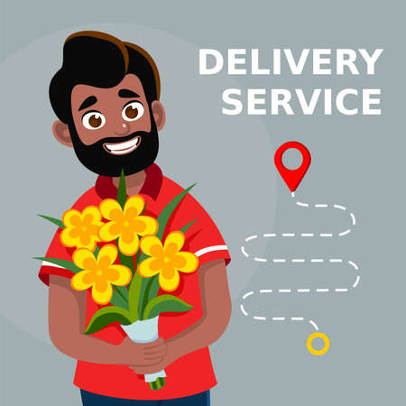 Smiling courier boy holding flowers bouquet. Delivery man truck with advertising design. Flowers delivery service. Flat cartoon vector illustrationのイラスト素材