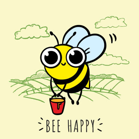 Poster design with vector cartoon character of honey bee on field background. Hand drawn style with text bee happy.のイラスト素材