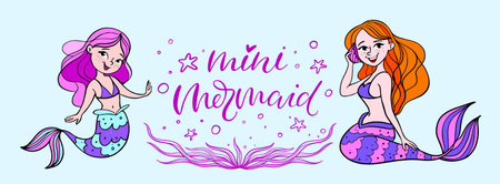 Cartoon mermaids with quote "mini mermaid" vector illustration for kids fashion artworks, children books, invitations, children's party, greeting cards, t-shirts. Childish design.のイラスト素材