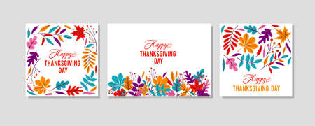 Thanksgiving cards collection. Stylish modern autumn leaves cards set isolated on white background. Vector Thanksgiving day invitation and greeting card, flyer, banner, poster templatesのイラスト素材